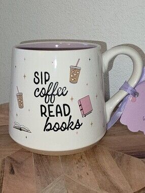 Sunday Mornings Ceramics, Sip Coffee Read Books Ceramic Mug - Lavender Accent